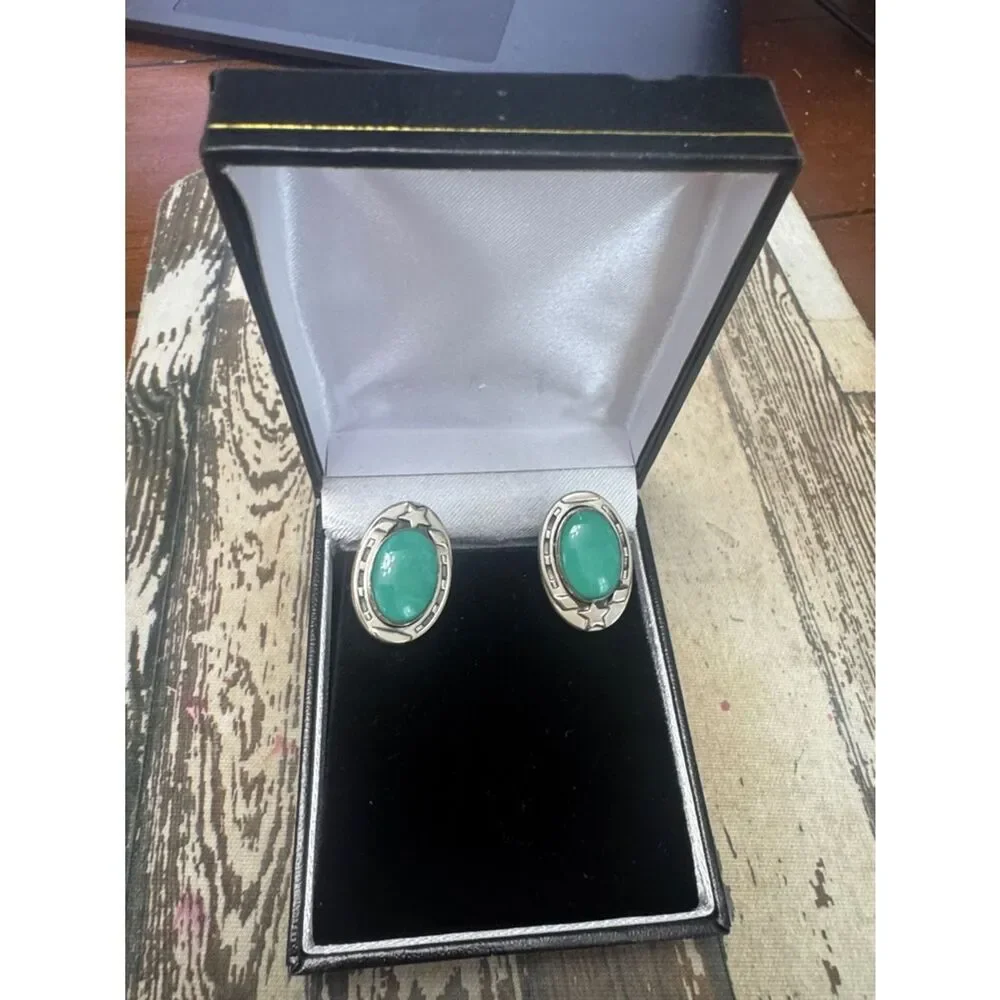 *Sheriff Star* *Western* Oval Turquoise Cabochon Sterling Cufflinks